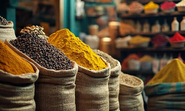 Aromatic Spices in Burlap Sacks at a Vibrant Market
