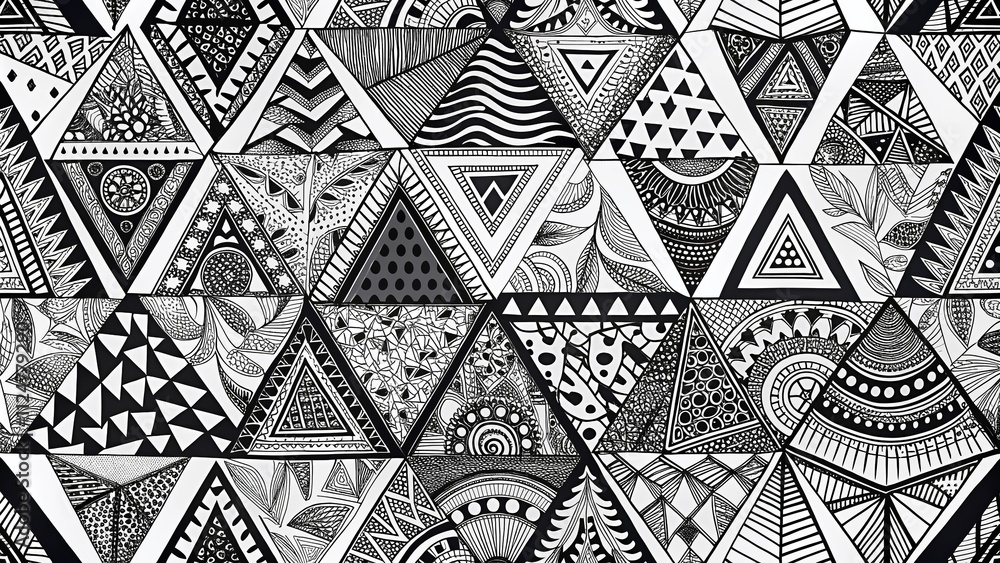 Poster black and white doodle patterns featuring triangle shapes in unique silhouette design for creative p