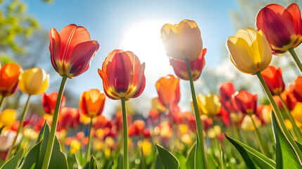 Obraz premium Aerial View of Stunning Spring Tulip Fields: Intricate Patterns and Colors from Above