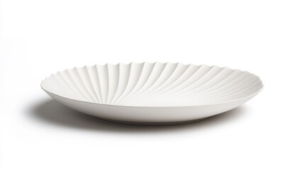 Elegant White Plate with Unique Ribbed Design Perfect for Serving, Dining, or Displaying Fruit and Desserts on a Modern Table Setting