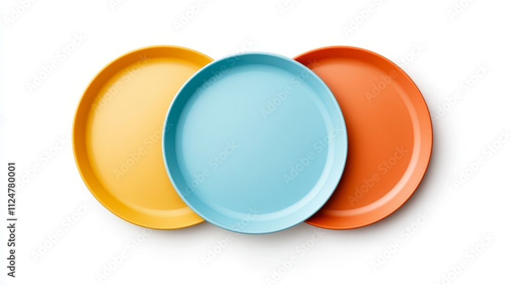 Poster Bright and Colorful Round Plates Arranged in a Triangular Formation on a White Background for Creative Culinary Visuals and Table Settings