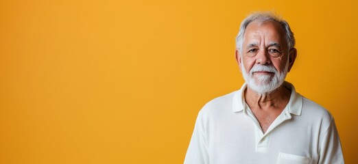 Elderly man smiling against bright orange background, white polo shirt, gray beard, cheerful expression, warm lighting, copy space for text