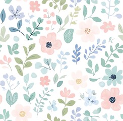 A seamless pattern of pastel flowers and leaves, womens day concept