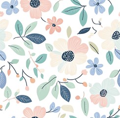 Fototapeta premium A seamless pattern of pastel flowers and leaves, womens day concept