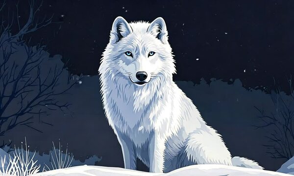 A serene white wolf sits in a snowy landscape, surrounded by falling snowflakes.