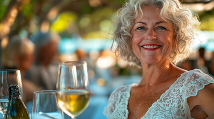 Senior woman smiling at dinner gathering, enjoying wine and conversation with friends in elegant restaurant setting, warm atmosphere, leisure, celebration, and social connection