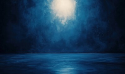 Mysterious blue landscape with ethereal light, dark blue tones, smooth water surface, atmospheric depth, serene ambiance