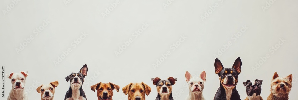 Poster Multiple dogs of different breeds gather in a cheerful arrangement, showcasing their diverse sizes and personalities in a friendly setting. Generative AI