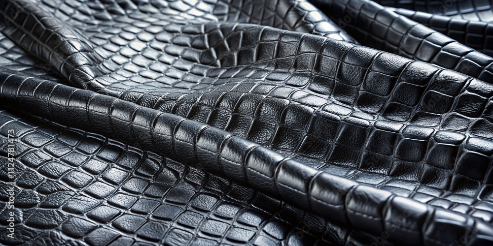 Poster black crocodile artificial leather textured with waves and folds on pvc base, showcasing unique patt