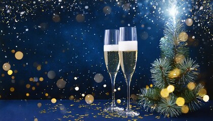 Festive banner. Two glasses of champagne on dark blue background with Christmas tree with lights bokeh, glitter and sparks, confetti. Christmas celebration concept with copy space,champagne, christmas