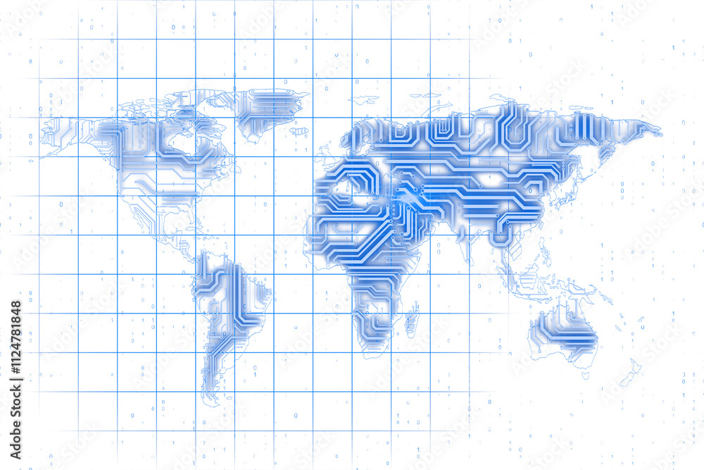 Poster World map design with blue circuit lines, glowing holographic style on a white grid background. Concept of global technology and networking. 3D Rendering.