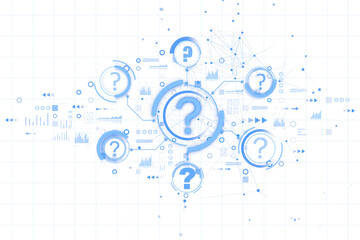 Obraz premium Multiple blue question marks in holographic circles on a white grid layout, surrounded by technical graphics, showcasing a concept of solutions. 3D Rendering.
