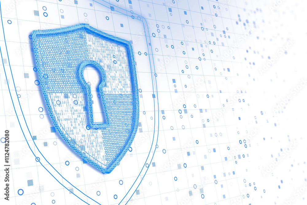 Poster Blue digital shield symbol with binary and hexagonal patterns, overlaid on a futuristic white tech background representing cybersecurity. 3D Rendering.