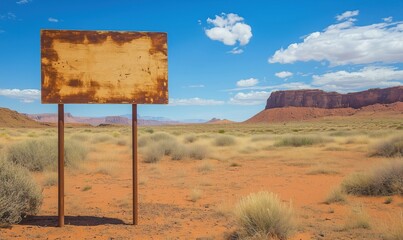 Desert landscape with blank sign, red sand, sparse vegetation, blue sky, distant cliffs