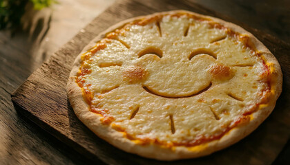 Realistic Cheese Pizza Shaped Like a Happy Sun for Fun Dining Experience