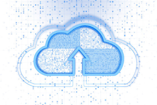 Cloud upload icon in blue outline with binary code and tech elements, displayed on a white background. Concept of digital data storage. 3D Rendering.