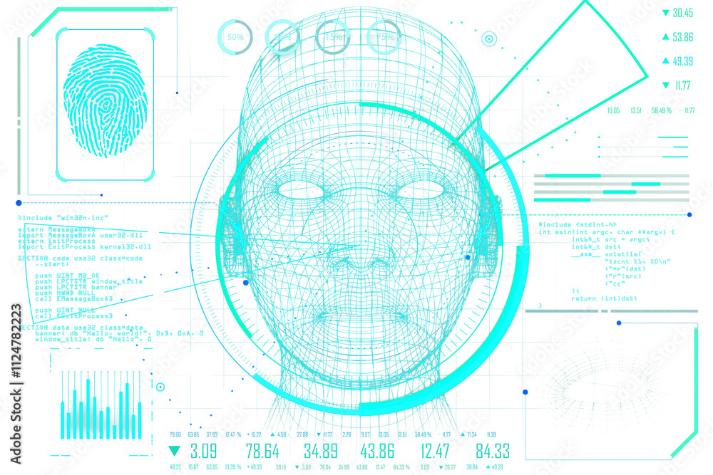 Aufkleber Wireframe human face with neon blue biometric details, fingerprint frame, digital holographic data on white. Concept of virtual scanning. 3D Rendering.