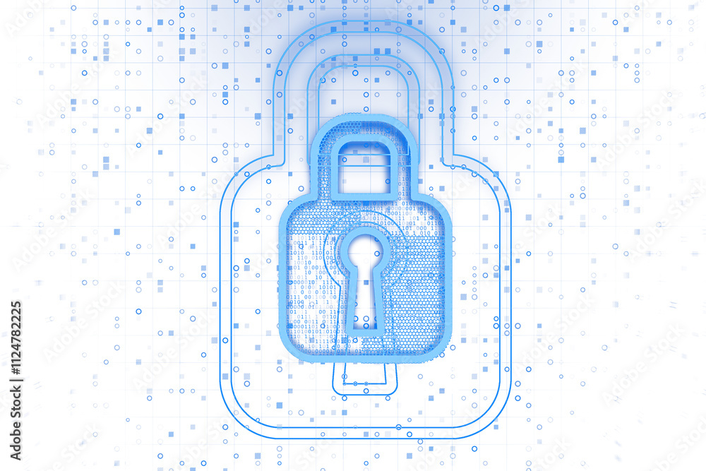 Poster blue neon padlock design with binary details, white backdrop, futuristic style. concept of cybersecu