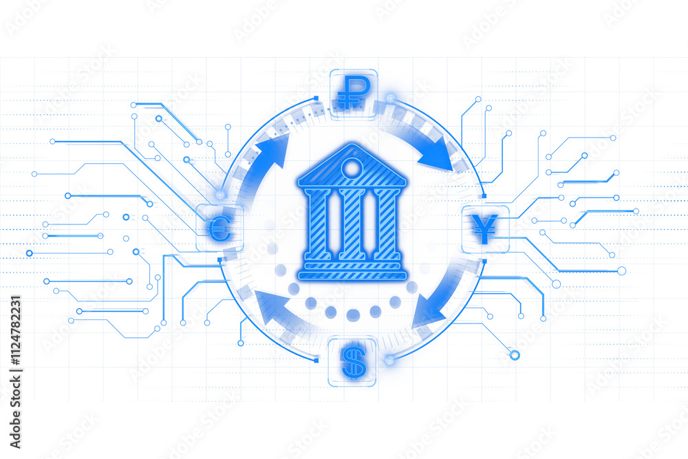 Poster Digital banking icon surrounded by currency symbols, arrows, and circuit lines, styled in blue tones on a white background. Banking concept. 3D Rendering.