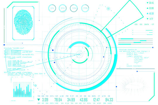 Digital interface with fingerprint, neon blue HUD elements, data graphs, and circular radar layout on a clean white background, concept of tech. 3D Rendering.