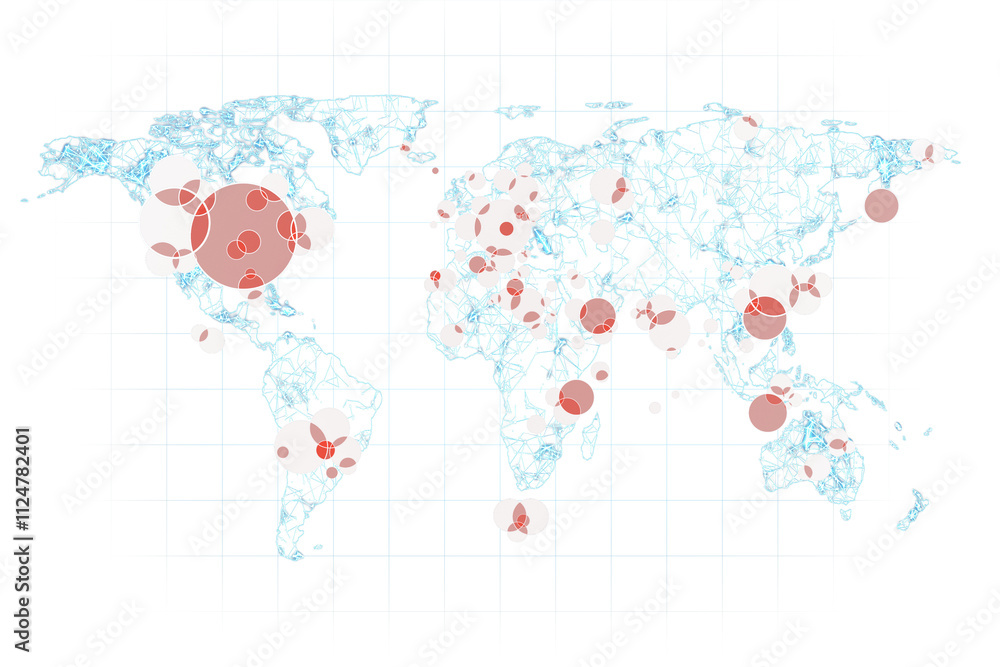 Poster World map showing red circular data points with blue wireframe design over a white grid background, representing a tech or data concept. 3D Rendering.