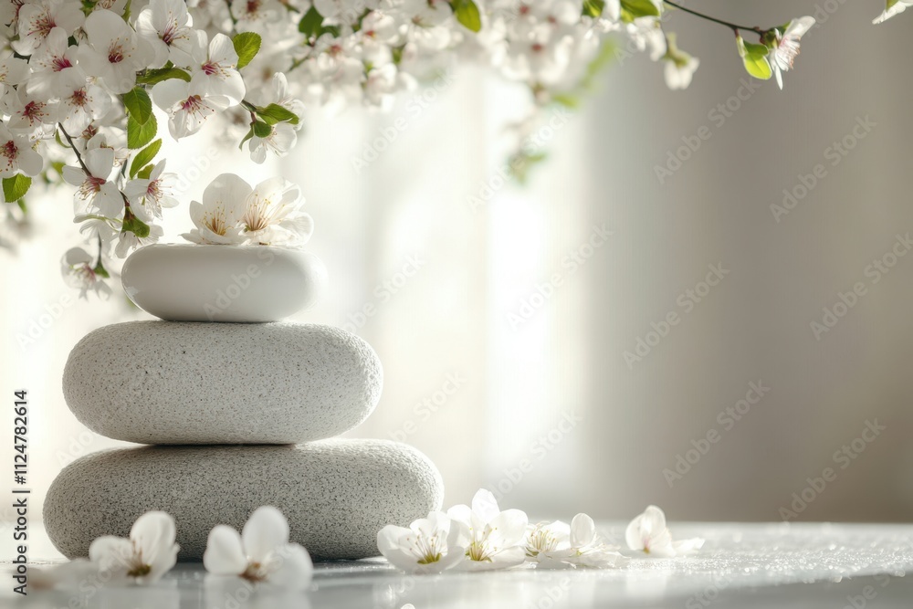 Poster serene arrangement of stones and flowers creating a calming atmosphere in a tranquil setting
