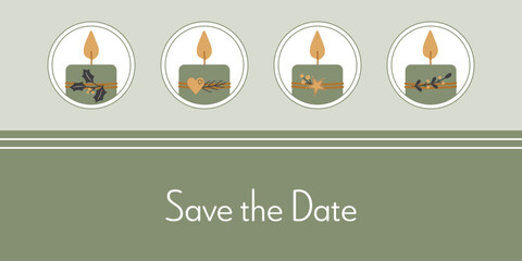 Save the Date - Schriftzug in englischer Sprache - Reserviere den Termin. Einladungskarte mit vier verzierten Kerzen in Grün, Gold und Anthrazit.