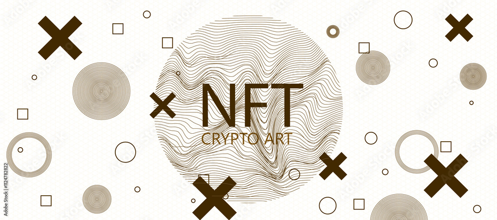 Poster abstract nft text with bold geometric shapes, wavy lines, circles, and squares on a white background