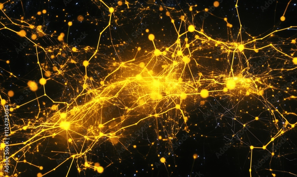 Poster abstract neural network visualization, glowing yellow connections, intricate patterns, dark backgrou