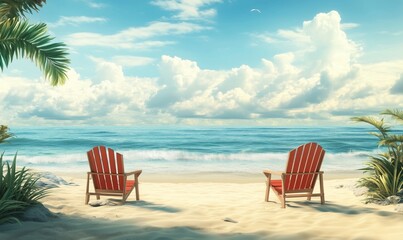 Beach chairs overlooking ocean waves, serene tropical scene with clouds