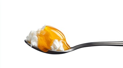 Close-Up of Spoon with Creamy Cottage Cheese and Drizzling Golden Honey Isolated on White Background for Healthy Diet and Nutrition Concept