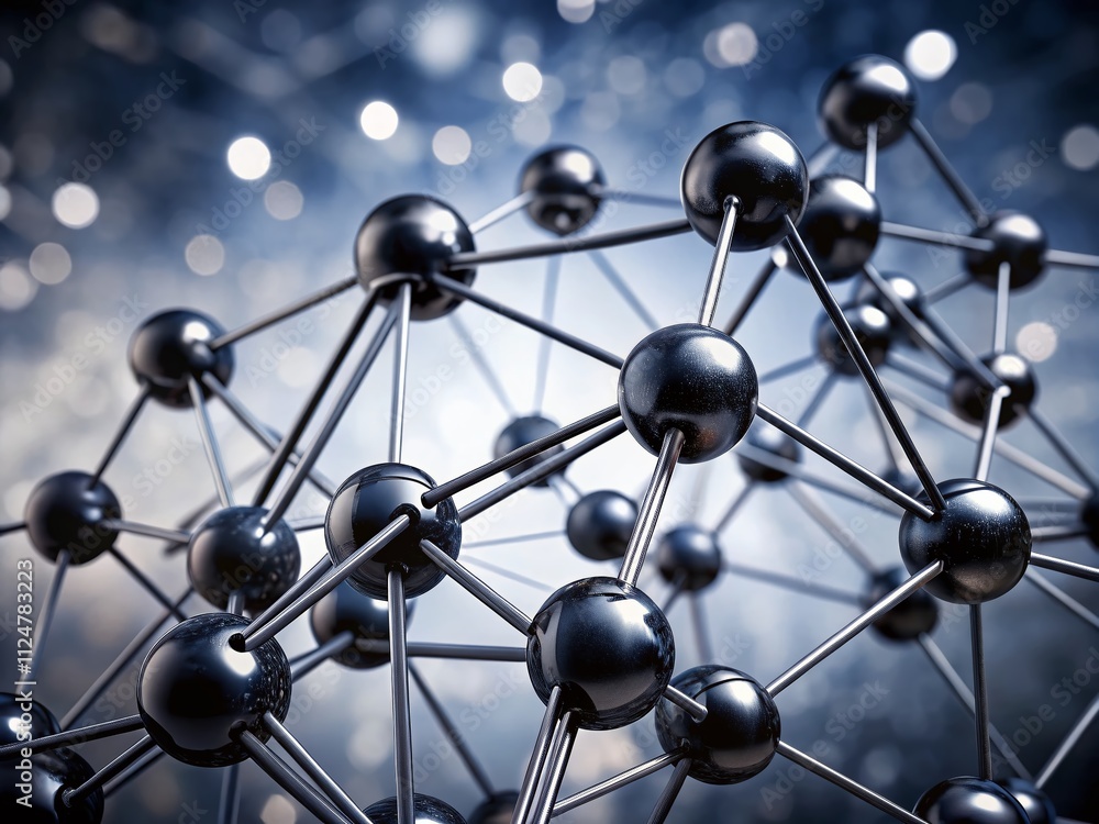 Poster black spheres connected by rods forming a geometric pattern on a gray background with a bokeh effect