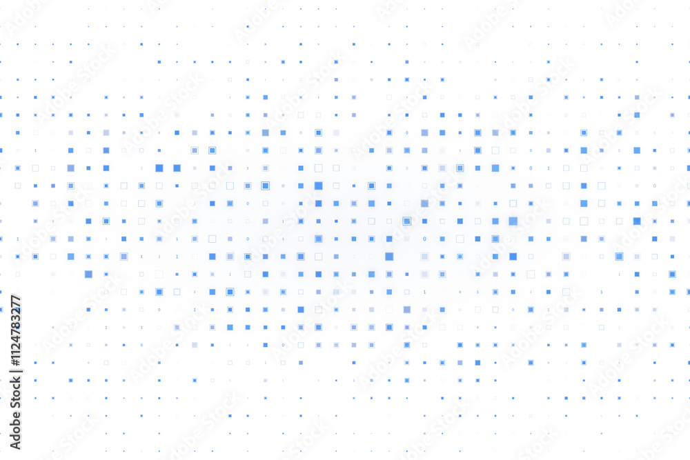 Poster Blue gradient square pattern with varying sizes on a white background, digital style, minimal and abstract concept, modern layout element. 3D Rendering.