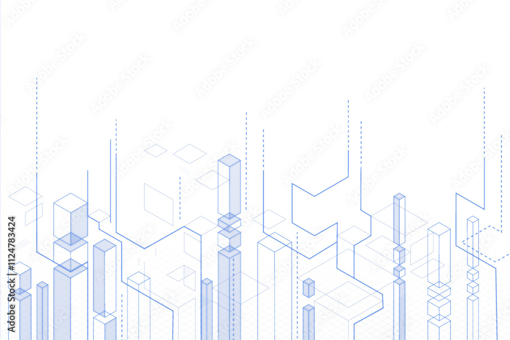 Poster Abstract blue 3D geometric shapes with gridlines and transparent cubes on a clean white background, representing a modern tech concept. 3D Rendering.