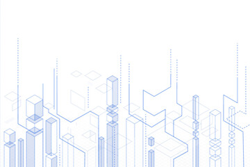 Abstract blue 3D geometric shapes with gridlines and transparent cubes on a clean white background, representing a modern tech concept. 3D Rendering.