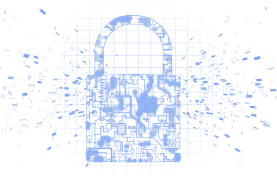 Digital padlock with blue circuitry and binary code, futuristic design on white background, concept of digital security and tech innovation. 3D Rendering.