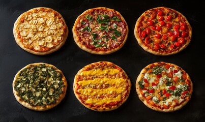 Variety of pizzas with different toppings, six pizzas displayed, including vegetables, meats, and cheeses, vibrant colors, appetizing presentation