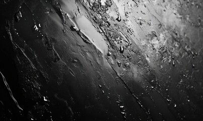 Water droplets on dark surface, abstract texture, high contrast, monochrome, smooth, reflective, artistic, modern, minimalistic, elegant