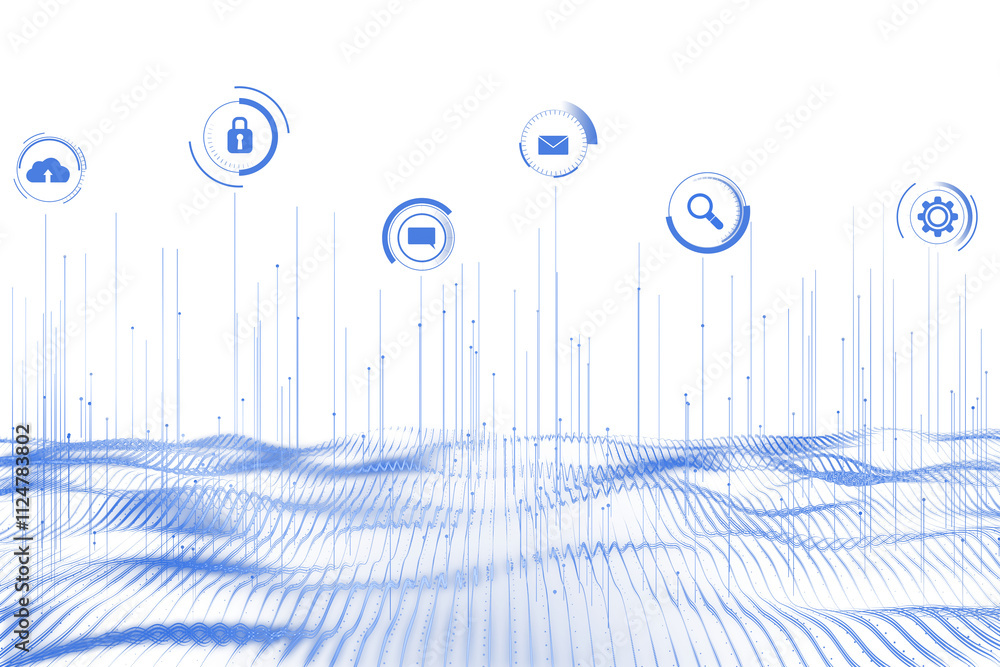 Poster Digital holographic blue icons with wave-like lines on white background, clean futuristic graphic style, representing technology concepts. 3D Rendering.