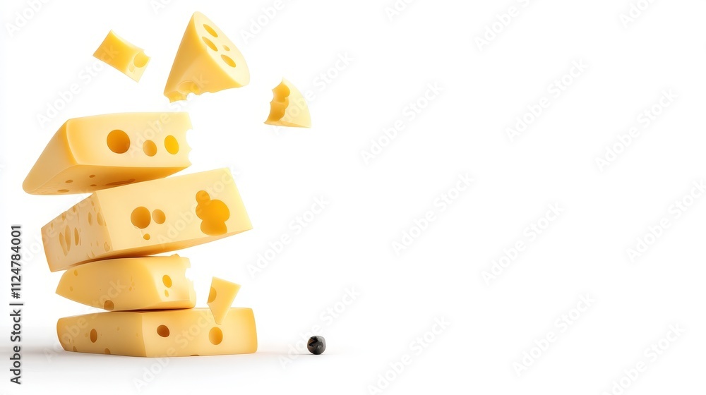 Poster a dynamic composition of yellow cheese blocks in motion with floating pieces and a black object on a