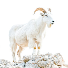 Fototapeta premium Majestic white mountain goat standing on rocky terrain with impressive curved horns Isolated on white background