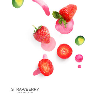 Creative concept made of strawberry with watercolor spots decoration on the white background. Flat lay. Food concept. Macro concept.