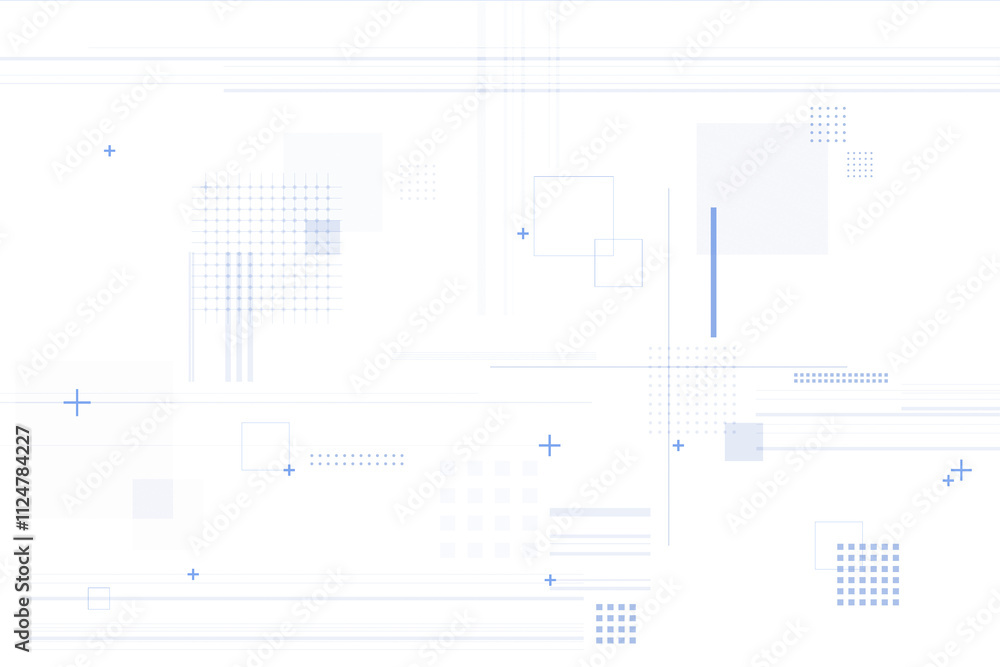 Aufkleber abstract blue and white futuristic geometric design with lines, squares, and dots on a clean white b