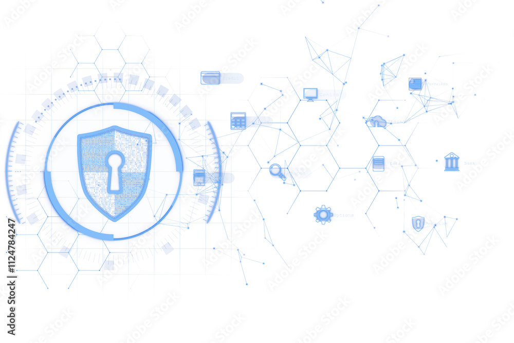 Poster Shield with keyhole, surrounded by blue digital network elements on a white background, holographic tech style, concept of cybersecurity. 3D Rendering.