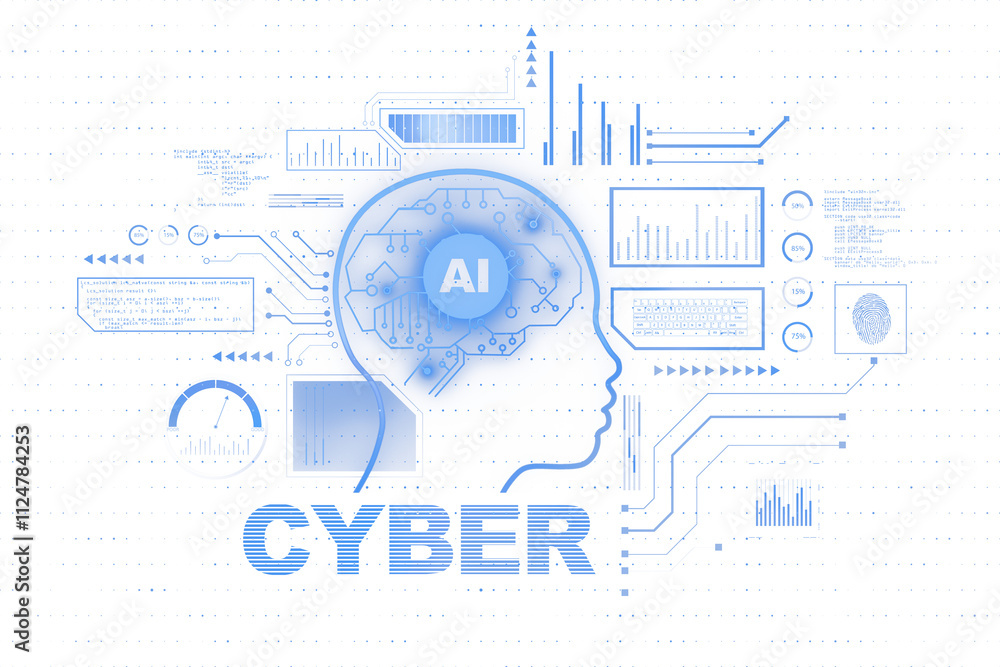Poster Human head outline with AI text, circuits, and digital icons on white background, representing artificial intelligence and technology concepts. 3D Rendering.