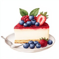 watercolor Delicious cheesecake topped with fresh berries and mint leaves, served on plate. vibrant colors and textures create inviting dessert experience