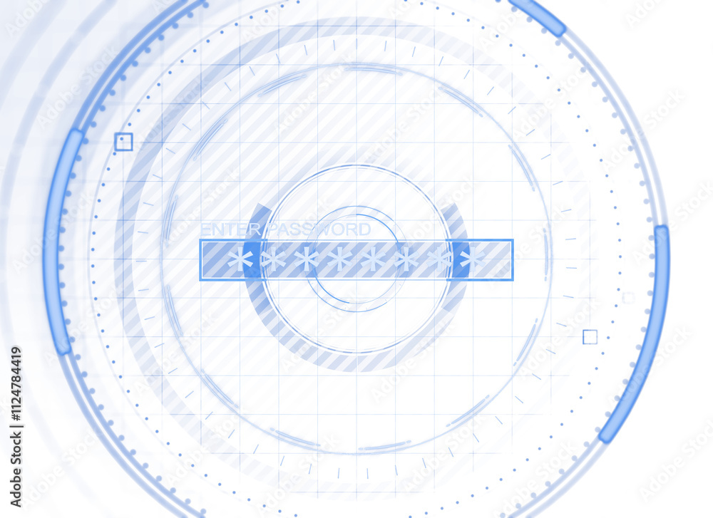 Aufkleber Abstract circular interface with password input bar, blue holographic style on white background, symbolizing secure access and technology. 3D Rendering.