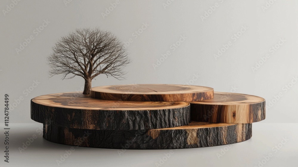 Fototapete Nestled in a serene setting, this unique wooden podium features smooth, circular layers of tree slabs topped with a delicate, leafless tree