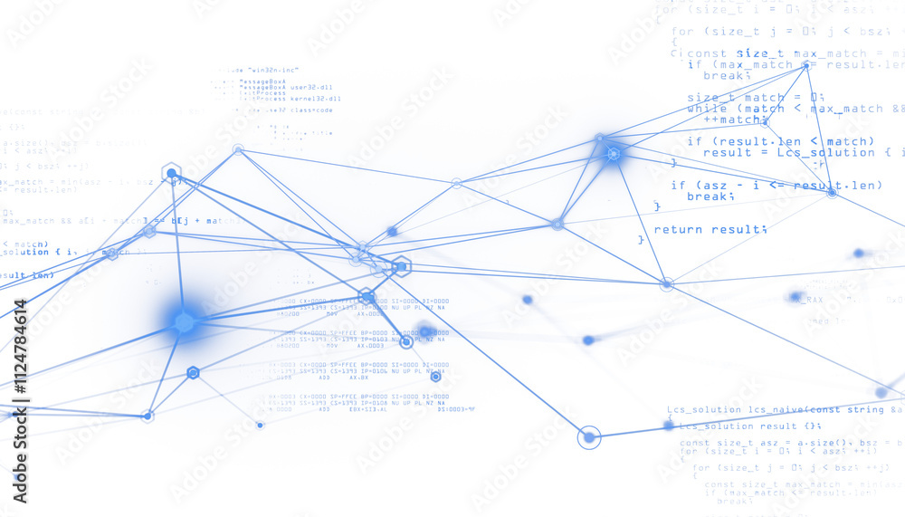 Poster Abstract blue digital connections forming a network with coding elements visible, on a clean white background. Concept of data technology. 3D Rendering.