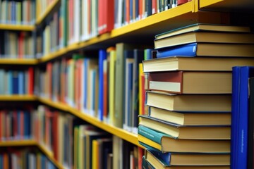 Stacked books in a library create a colorful and inviting reading atmosphere